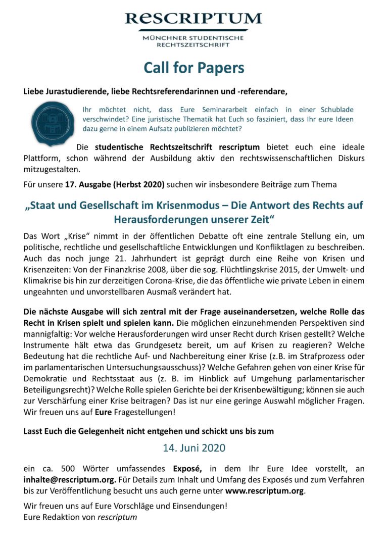 Call for papers (17. Ausgabe) DEADLINE 14.06.2020 rescriptum